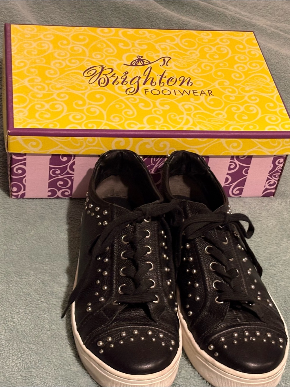 Brighton Black Studded Lace-Up Sneakers with White Sole